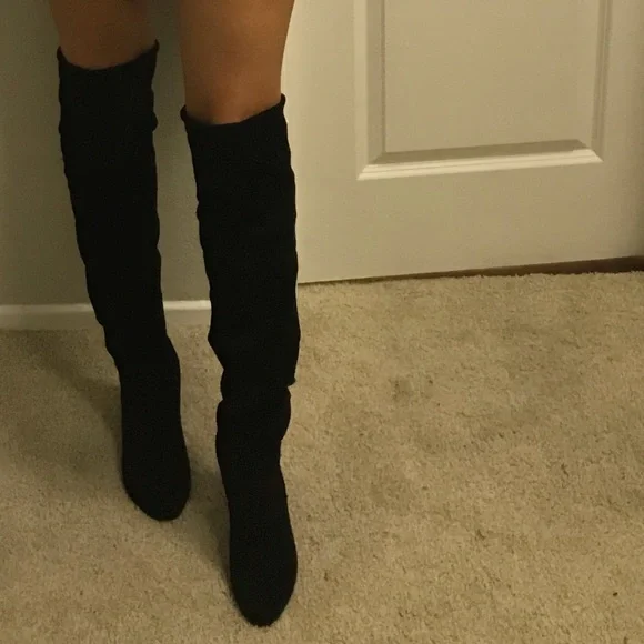 CLEARANCE Vegan Suede Black Over Knee High Heel Sexy Lined Tie Velvet boots - Picture 8 of 8